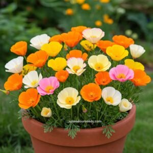 California Poppy Mix flower seeds for growing colorful poppy blooms in gardens, pots, containers, and flower beds.