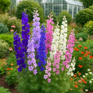 Delphinium flower seeds for growing tall spikes of vibrant blue and purple blooms in gardens and borders.